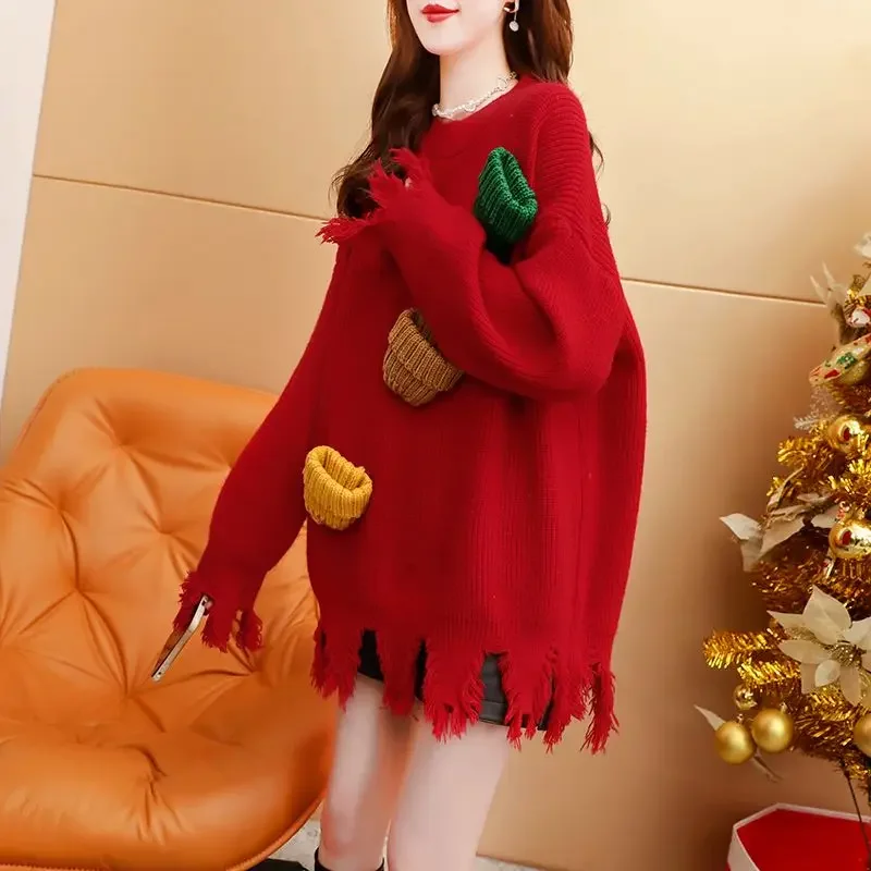

2025 Autumn Winter New Korean Fashion Patchwork O-neck Long Sleeve Christmas Sweater Female Loose Tassel Pullovers Women Clothes