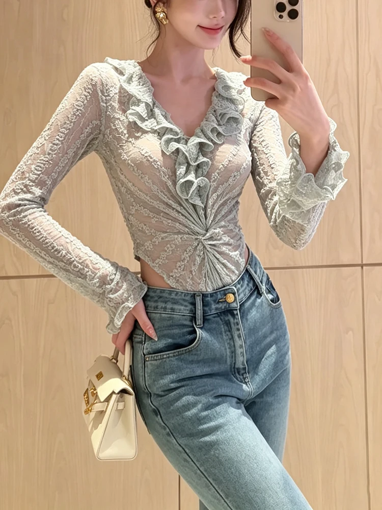 Weird Puss Rüschenrand-Patchwork-Bodysuits für Damen, modisch, schlicht, durchsichtig, geraffter V-Ausschnitt, lange Ärmel, Hottie-Party-Clubwear – Detail 14