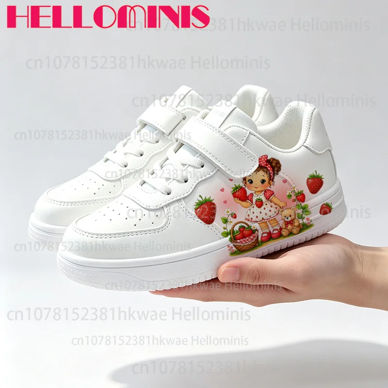 Lovely Cartoon Girl Fruit Print Children Sneakers White Casual Shoes Light Breathable Girls Outdoor Daily Walking Shoes