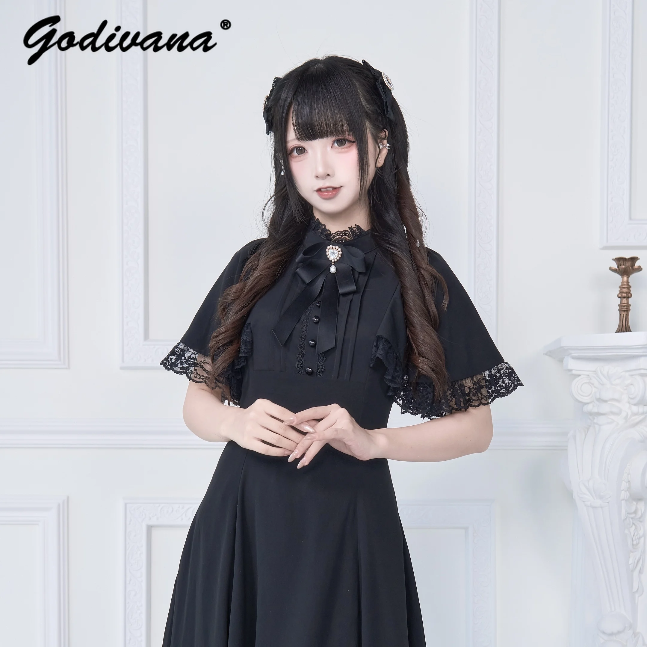 

Original Japanese Mine Lolita Long Dress New Summer Girl Women's Short Sleeve Slim Elegant Ankle-length Dresses