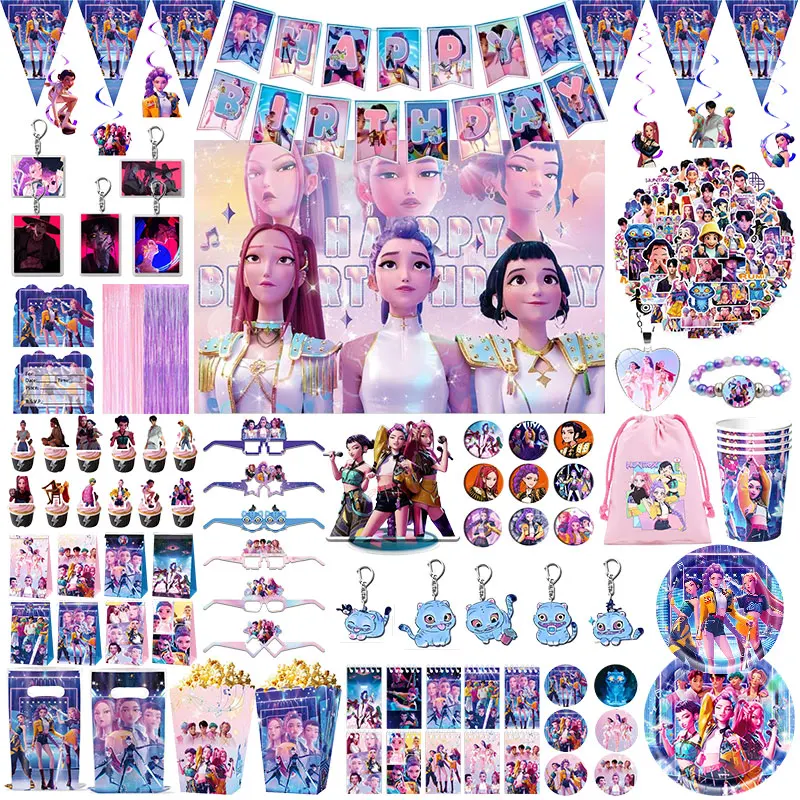 Décorations de fête d'anniversaire, vaisselle en papier, serviettes, nappes, assiettes, gobelets, fournitures d'anniversaire sur le thème des dessins animés, toile de fond, porte-clés