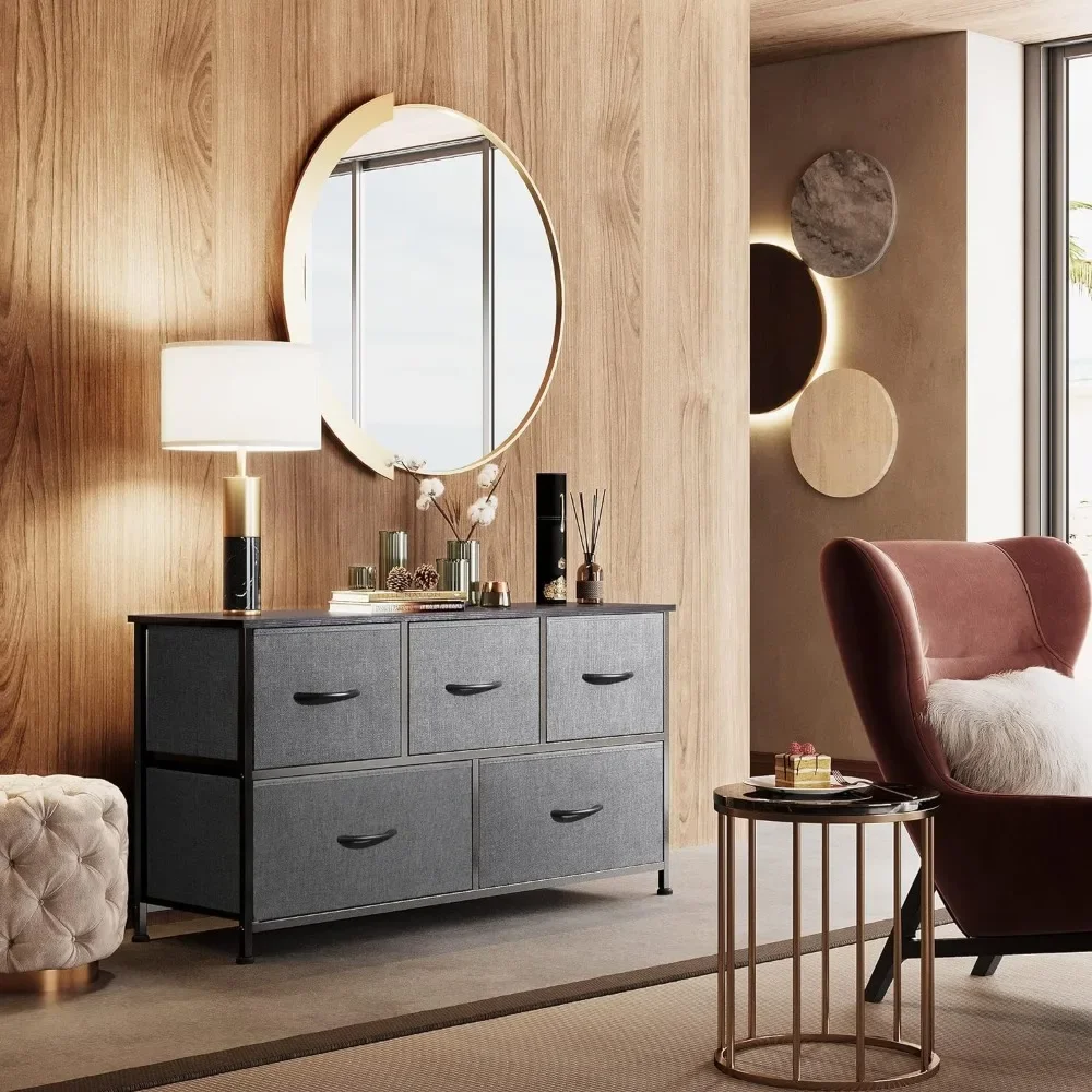 Dresser for Bedroom with 5 Drawers,Wide Chest of Drawers,Storage Organizer Unit with Fabric Bins for Closet,Grey Vanity Desk