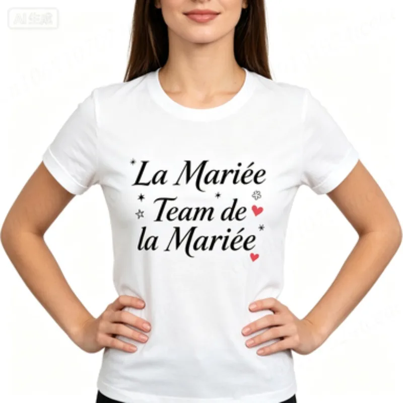 Women Round‑neck Cotton T‑Shirt French Bride Team Letter Print Bachelorette Party Casual Short‑sleeve Ladies Tops
