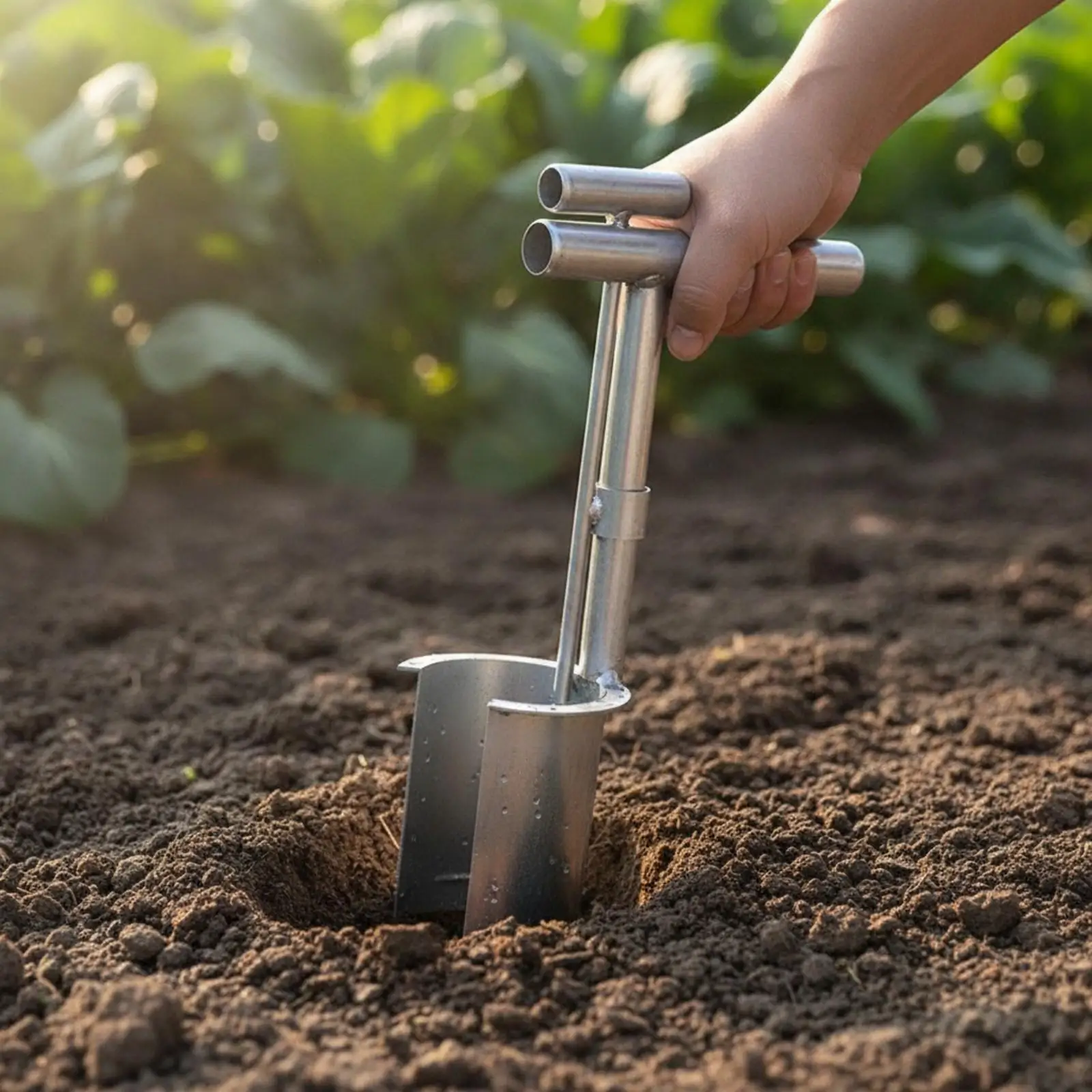 Handheld Plant Transplanter Tool with T Handle and Split Cup Galvanized for Seedling Relocation and Soil Plug Removal