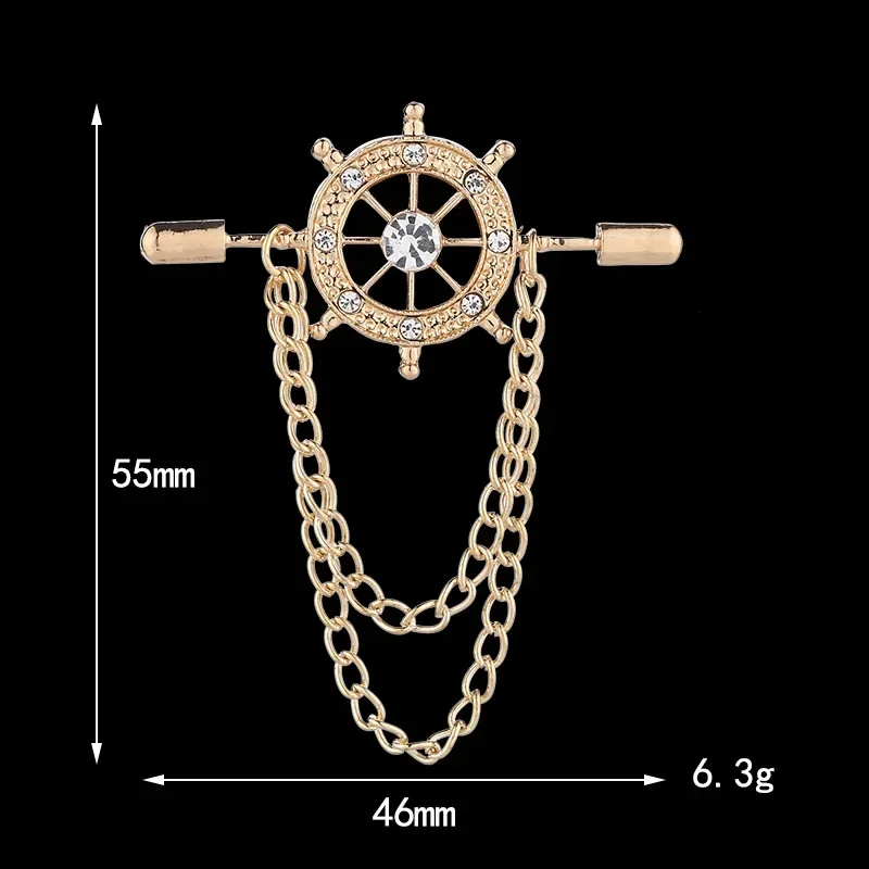Korean Retro Crystal Brooches Navy Rudder Brooch Pin Tassel Chain Suit Shirt Badge Collar Lapel Pin for Men and Women Jewelry view 2