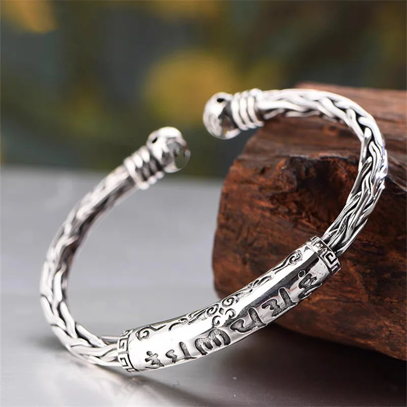 S999 Pure Silver Open Cuff Couple Bangle Twisted Braided Six Mantra Engraved Bracelet His & Hers Vintage Tibetan Lucky Amulet Wr