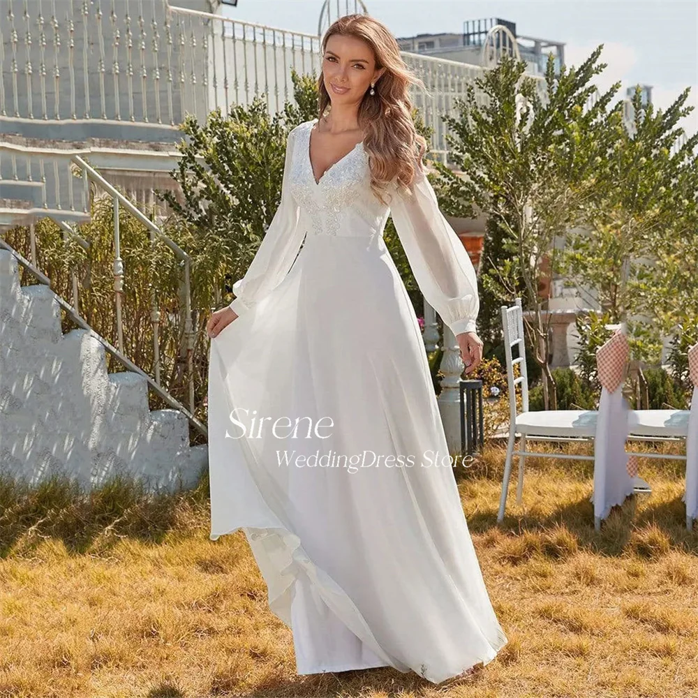 Sirene-Robe de mariée en mousseline de soie avec appliques en dentelle simple, col en V élégant, manches longues A-Line, longueur au sol, vêtements éducatifs pour les patients