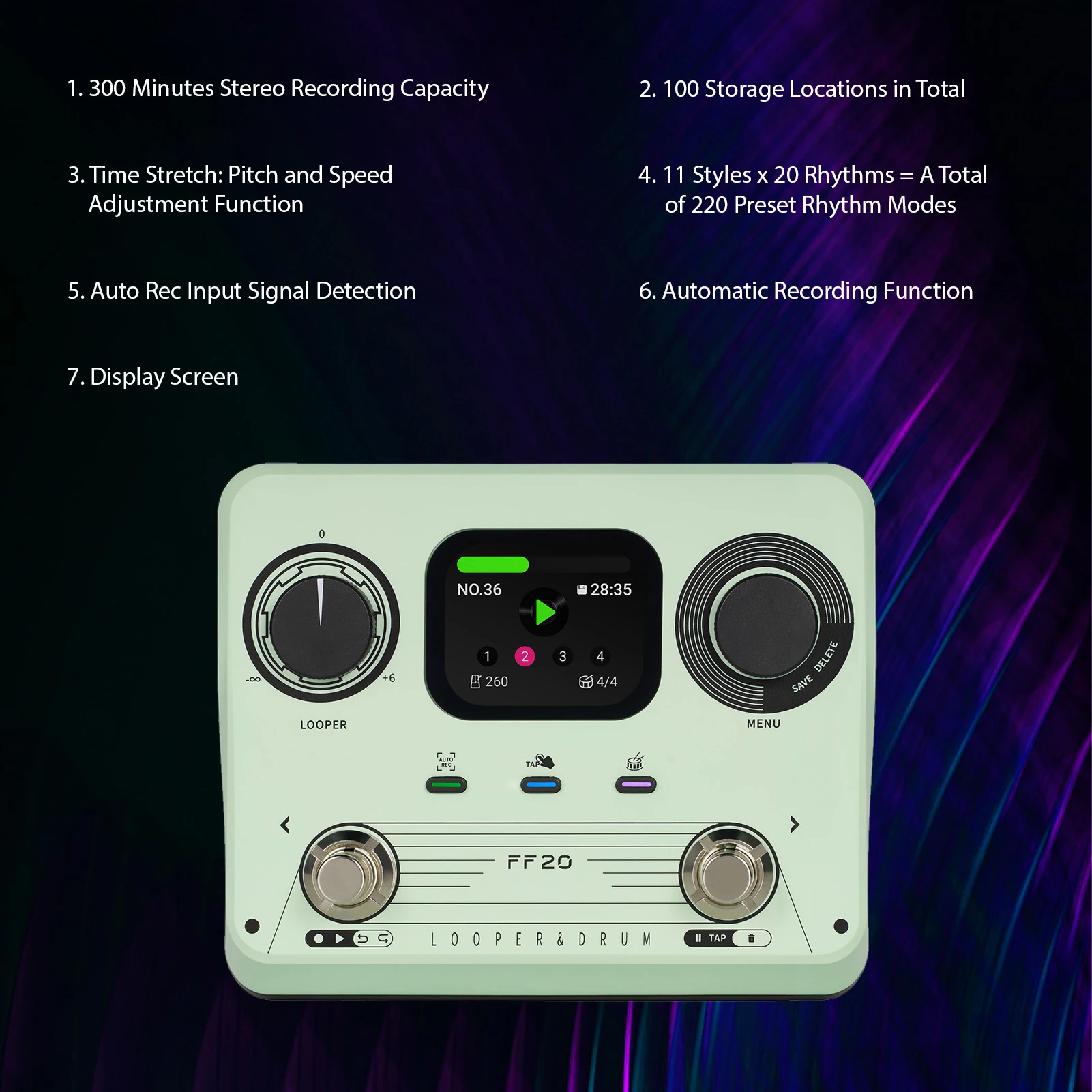 FF20 Drum Machine Looper Guitar Effects Pedal Dual Pedal 5h Stereo Recording 220 Rhythm Pattern Electric Guitar Effect Processor