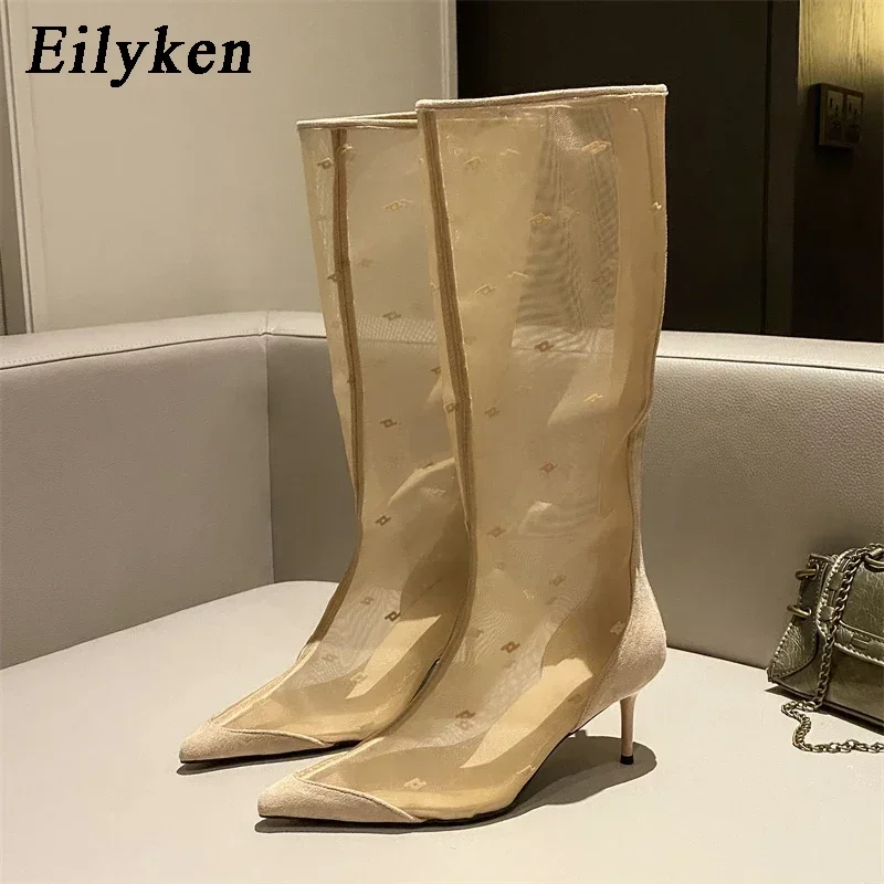 Eilyken Sexy Mesh Women Knee-High Boots Thin Heels Pointed Toe Fashion Zipper Sandals Shoes Zapatillas De Mujer