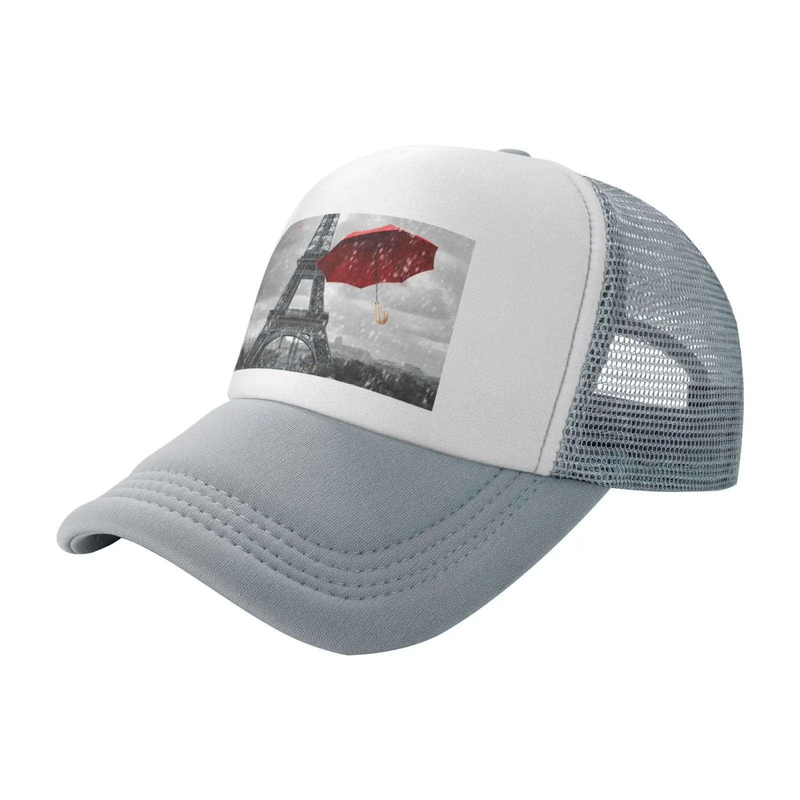 

Retro Cityscape with Red Umbrella Gray Mesh Baseball Cap Sun Visor Hat Women Men Sun Hats Sport Cap Trucker Hat