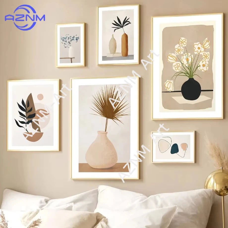 1 Stück/6 Stück Boho Natürliche Blatt- und Blumenvase Abstrakte Poster Drucke Leinwandgemälde Morandi Nordische Wandkunst Wohnzimmer Heimdekoration