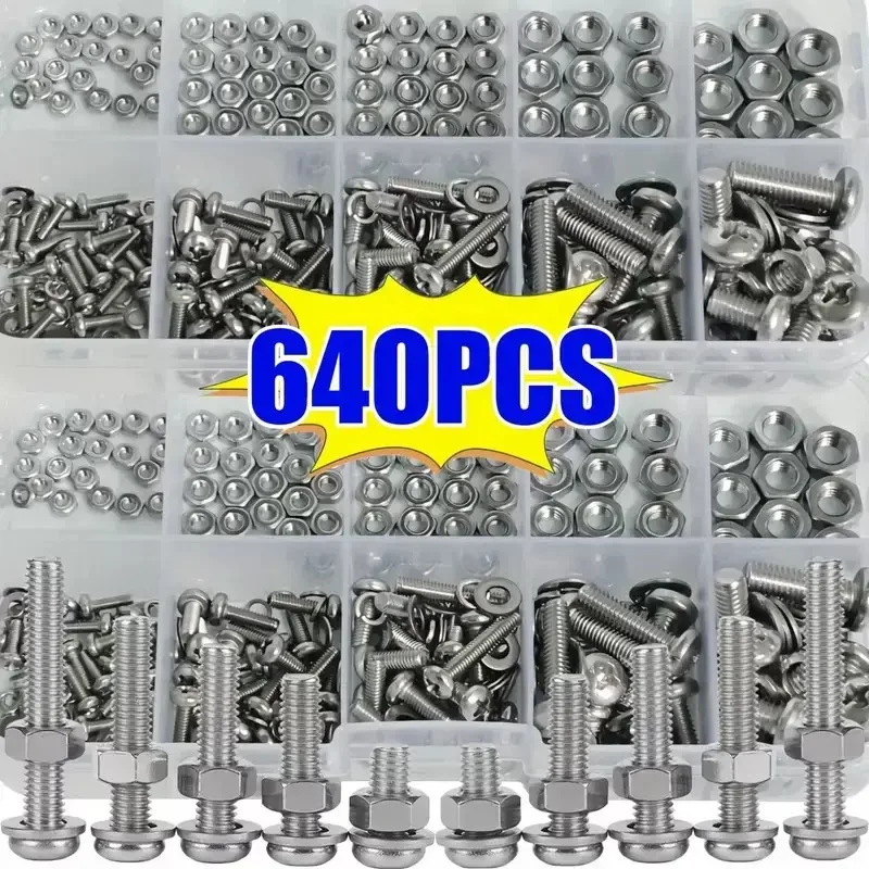 Conjunto de porcas e parafusos hexagonais 640/120 peças, duráveis, tamanhos métricos M2, M2.5, M3, M4, M5, kit de ferragens universal para projetos DIY e reparações.