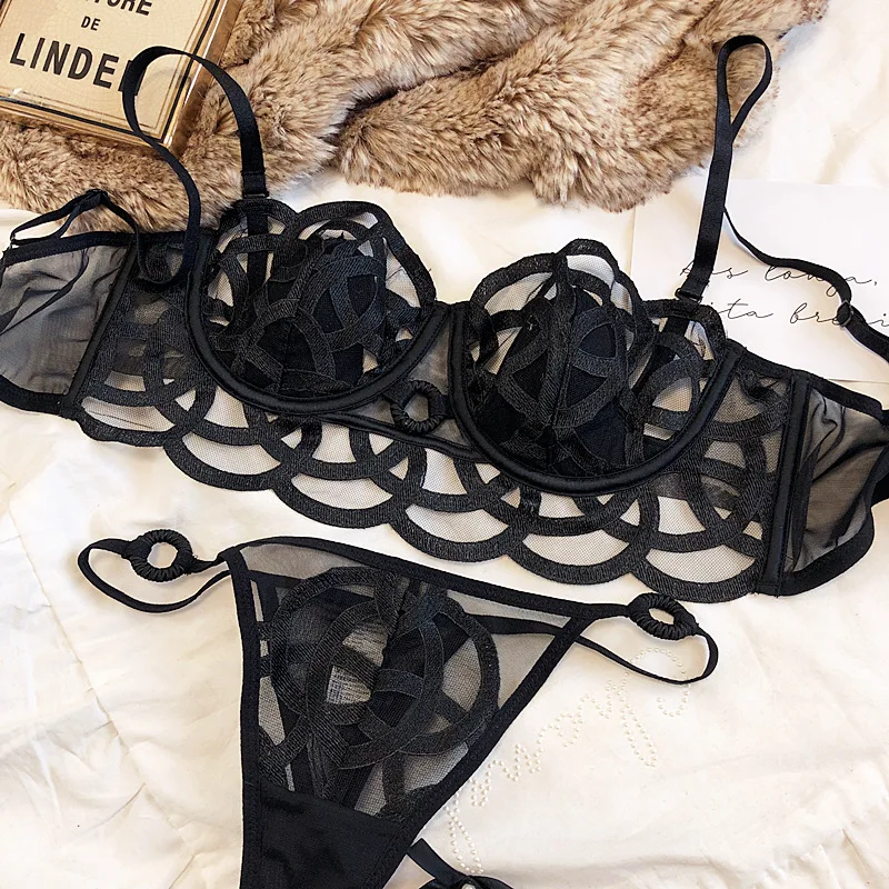 2 Pieces Sexy Women Underwear Set French Lace Ultra-thin Bra Set Summer  Breathable Brassiere Briefs with Thong Female Lingerie view 3