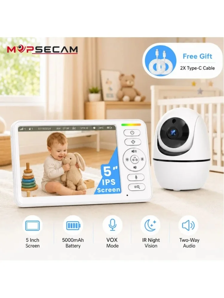 5-Zoll-IPS-Bildschirm Video-Babyphone mit Kamera, 5000mAh wiederaufladbare Elterneinheit, VOX-Soundaktivierung, Infrarot-Nachtsicht, Zwei-Wege-Audio, kabelloses Babyüberwachungssystem für