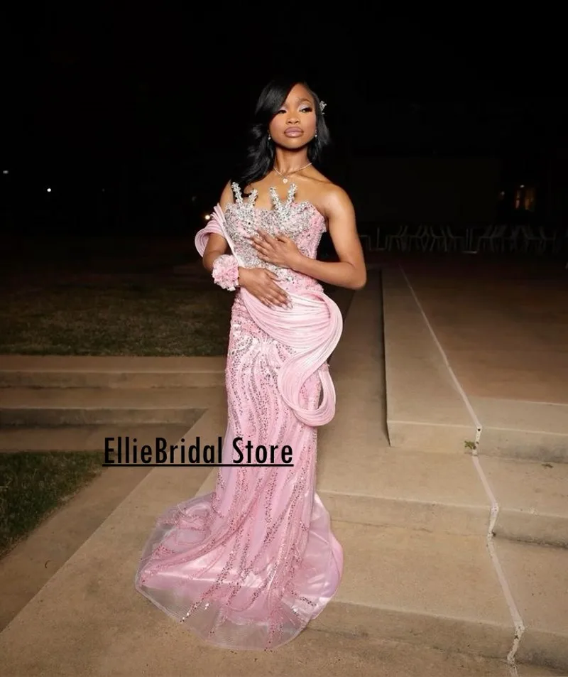 Pink Prom Dresses 2025 For Black Girls Sequin Beading Mermaid Party Gowns Crystal African Women vestidos de festas Customized image 3