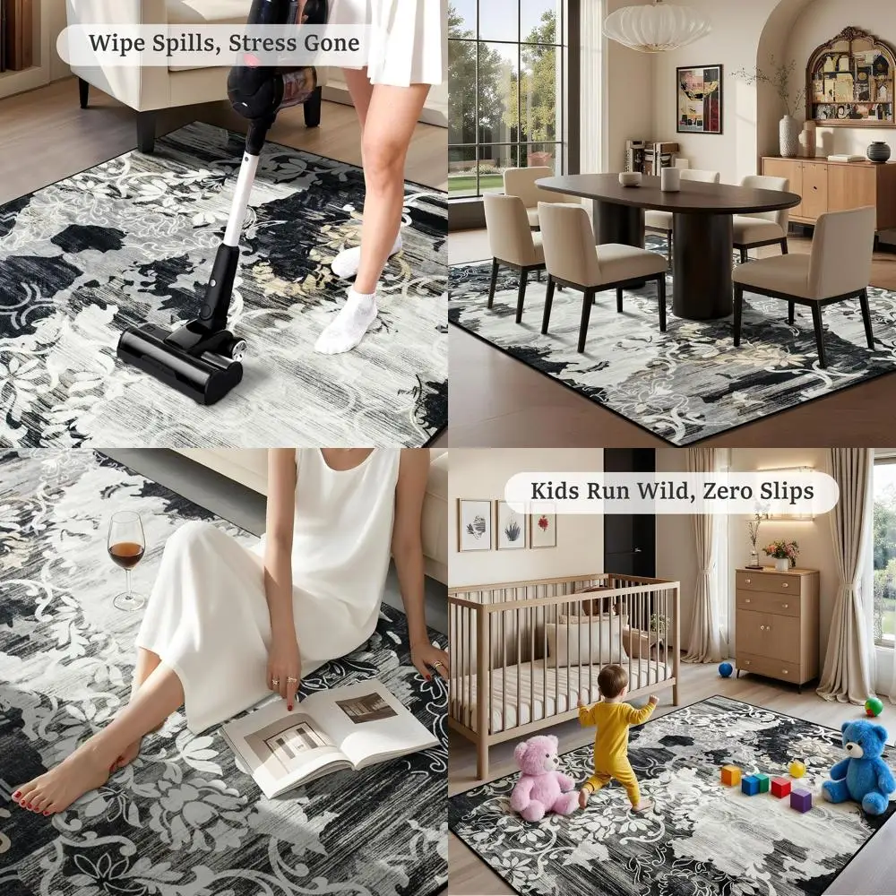 

Моющийся ковер 5x7 с низким ворсом и нескользящей основой, подходит для гостиной, спальни, столовой, черный