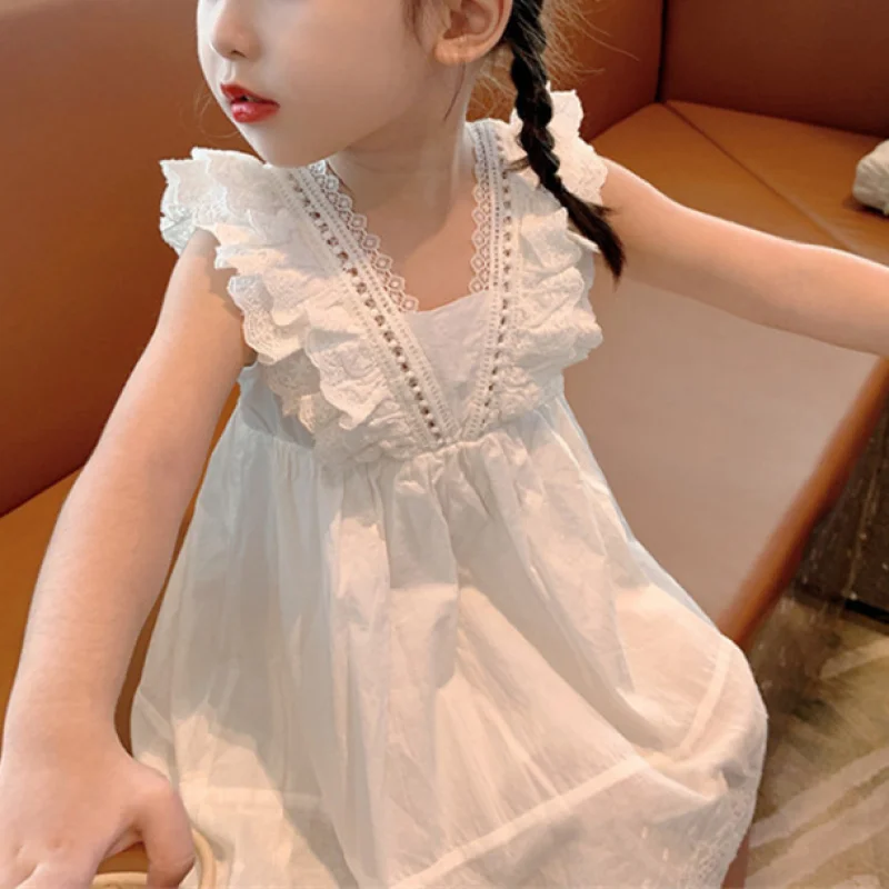 

Korean Solid Color 2024 New Girls Pullovers V-Neck Hollow Out Ruffles Spliced Lace Fashion Sweet Loose Vacation Casual Sundress