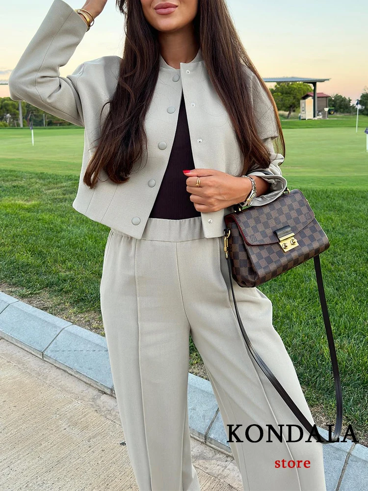 KONDALA Vintage Casual Solid Women Suit Single Breasted Long Sleeve Short Jackets Loose Long Pants Chic Fashion 2023 Autumn Sets