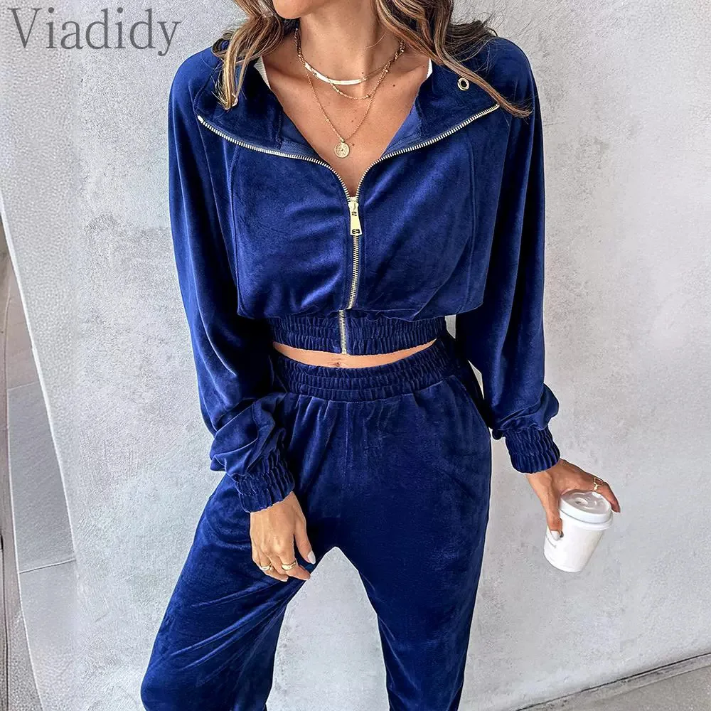 Women Casual Solid Color Zipper Front Turn Down Collar Velvet Top and High Waist Pants 2pcs Set