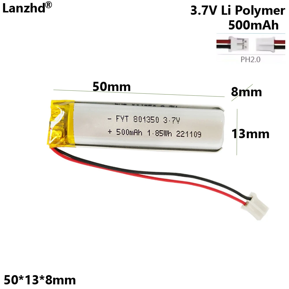 

801350 3.7V Li polymer battery 500mAh For electric toothbrush voice recording reading pen temperature measuring gun cells PH 2.0