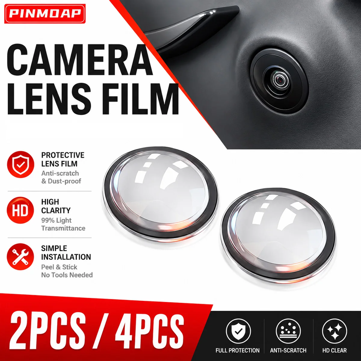 PINMOAP 360° Panoramic Camera Lens Protector Cover Clear Anti Scratch Waterproof Guard for Car Side View Parking Camera 2/4PCS