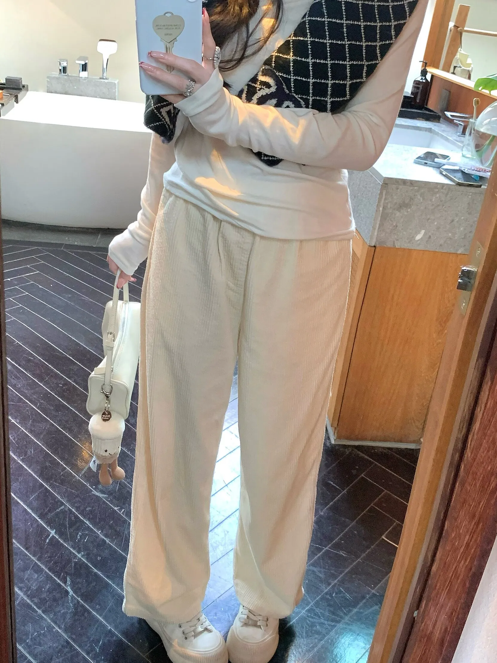 

Белые вельветовые брюки с высокой талией, прямые, повседневные, для женщин, модные хлопковые брюки Zhang Bao Bao