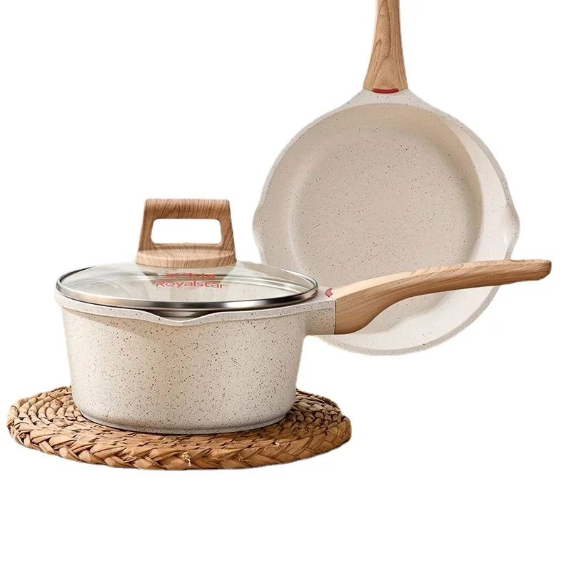 Non-Stick Frying Pan Maifan Stone Kitchen Soup Pot Milk Pan with Wooden Handle Pot Cookware Set Cooking Utensils for Kitchen