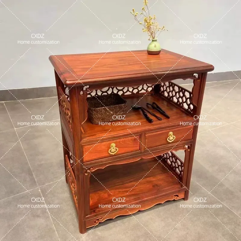 Zambia Lobular Red Sandalwood Dining Side Cabinet Chinese Tea Storage Solid Wood Rack Wall Mounted Household Furniture