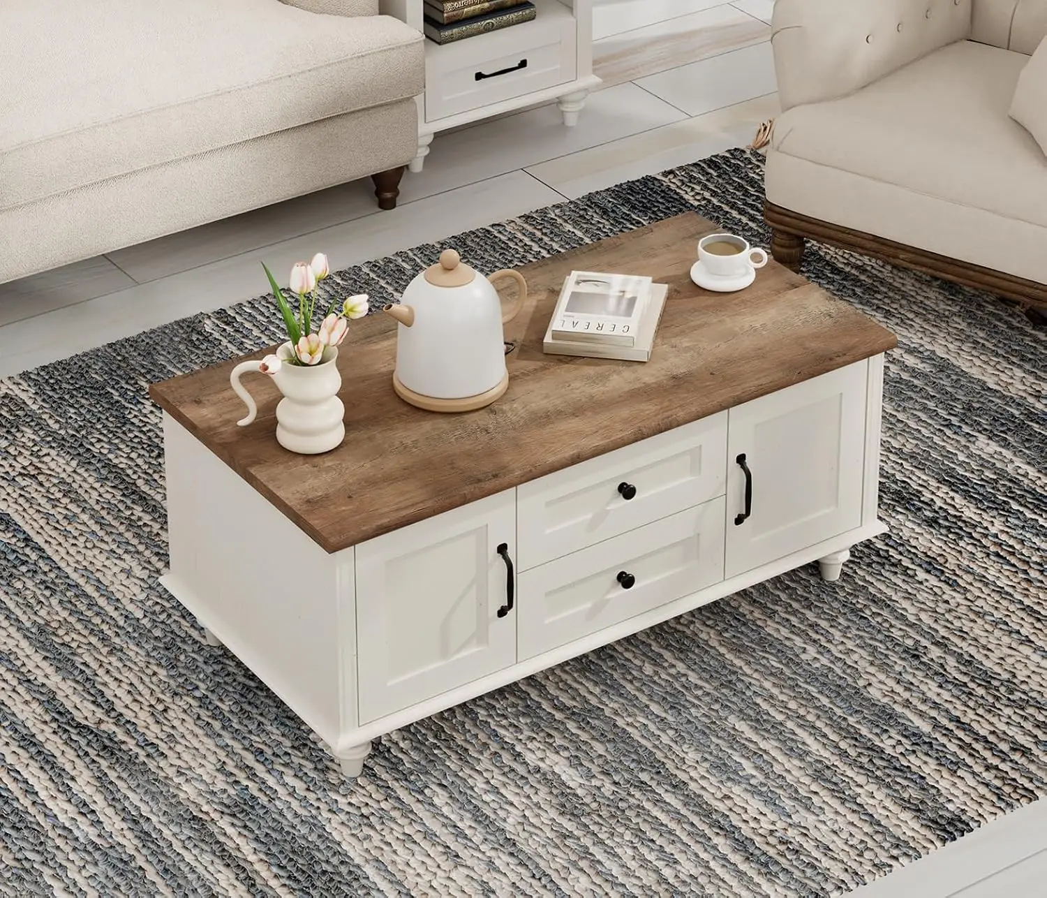

White Coffee Table With Drawers & Storage Cabinet, Modern Rectangle Center Table For Living Room, Rustic Wooden Coc