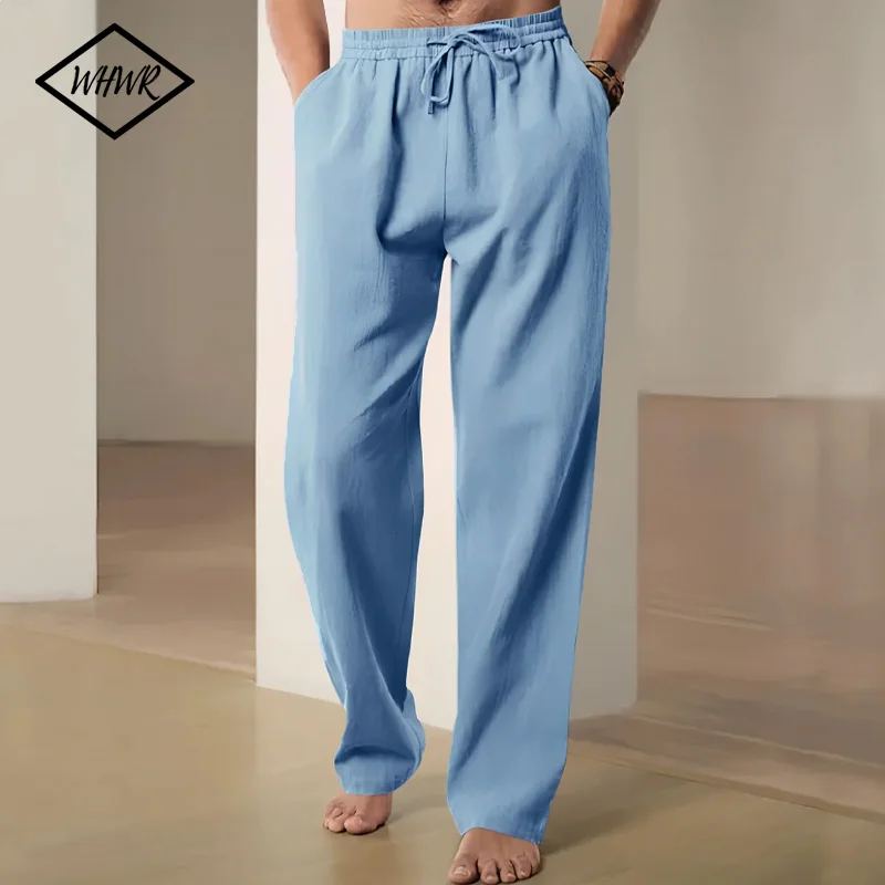 

Мужские модные хлопковые льняные повседневные брюки с карманами, однотонные дышащие прямые брюки с эластичной резинкой на талии, белые брюки большого размера