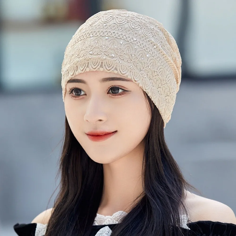 

Pullover Hat Soft Lace Beanie Hats Ethnic Style Windproof Warm Bonnet Caps Rhinestones Breathable Hijab Turban Cap Autumn Spring