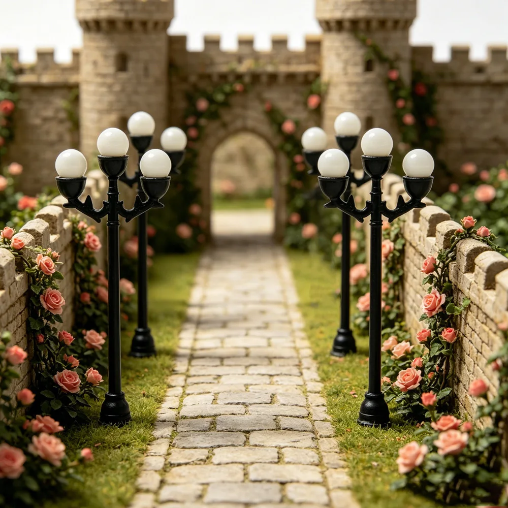 4pcs Non-Luminous 3-Head Round Globe Street Lamp Miniature Models,Light Ornaments, Premium Architectural Model Display Additions