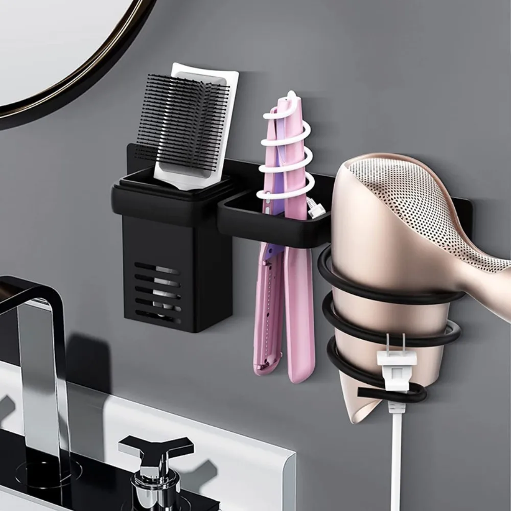 Wall-mounted Hair Dryer Holder Bathroom Storage Rack Multi-functional Space-saving Storage Box for Hair Care Tools