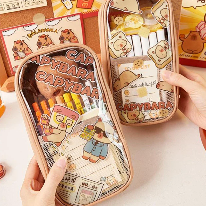 Stylish Transparent Capybara Pencil Case; Large, Waterproof and Durable Stationery Bag