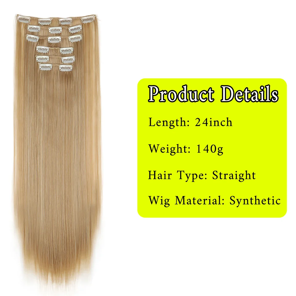 Extensiones de cabello con clip de 24 pulgadas y 16 clips, sintéticas, rubio y negro, resistentes al calor, uso diario 2