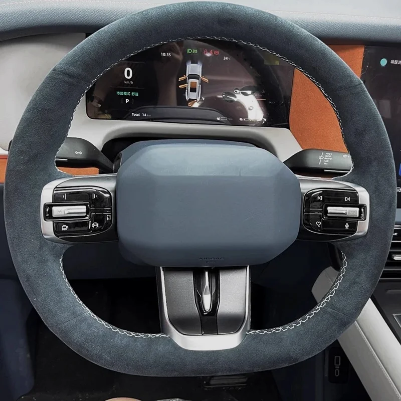 

Custom Hand-stitched Black Suede Leather Car Steering Wheel Cover For DEEPAL G318 2024 Dedicated Car wheel cover