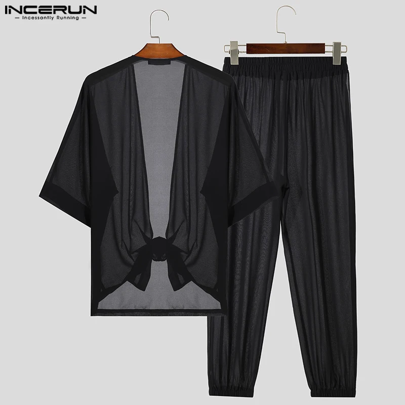 INCERUN Men Sets Solid Transparent Sexy V Neck Short Sleeve Shirt & Split Pants 2PCS Streetwear Loose 2024 Fashion Men\'s Suits