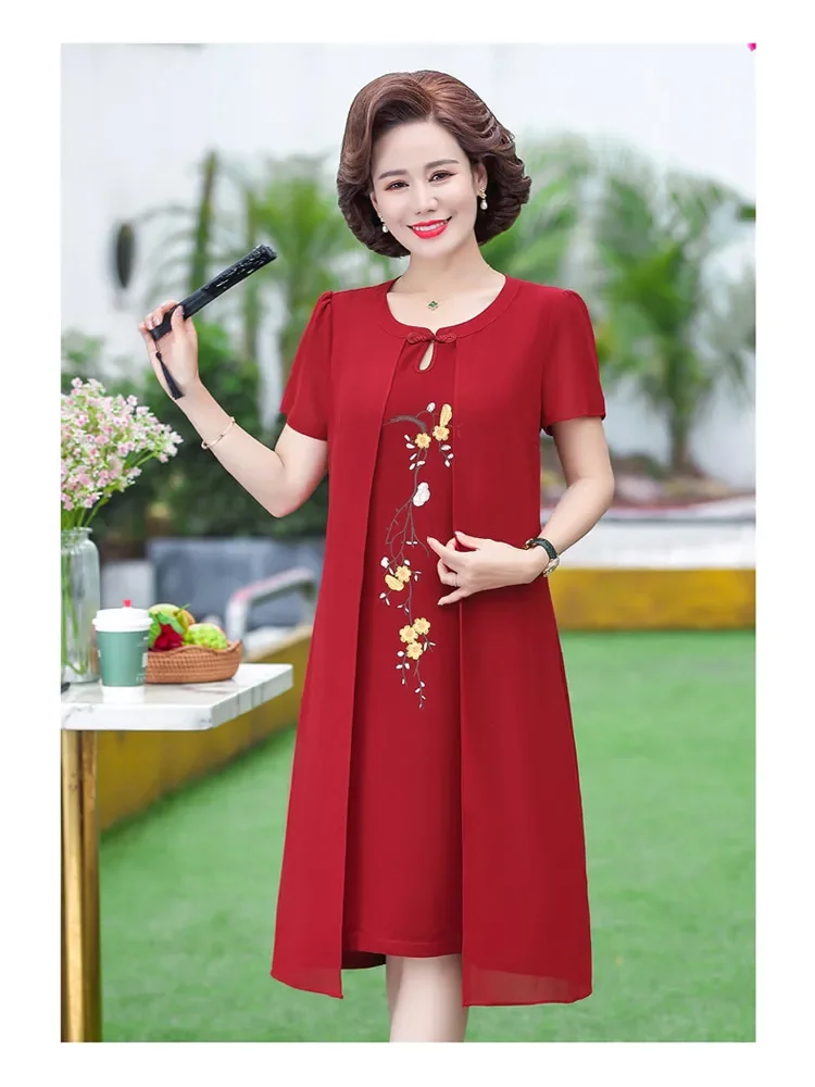 

Embroidery Vintage Middle-aged fake two Dress Women Summer Elegant Short Sleeve chiffon Party Dress Casual mother V230