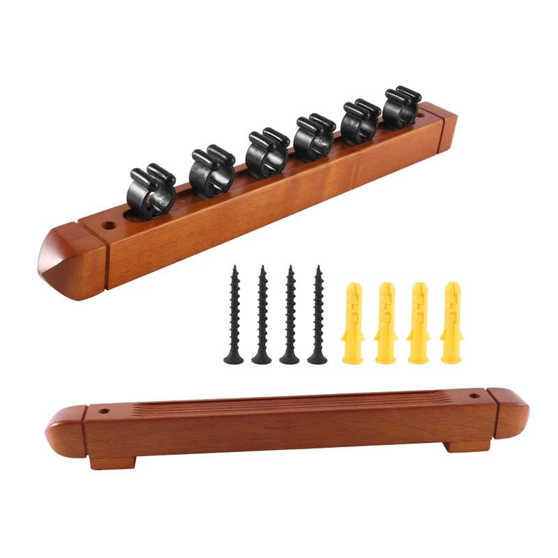 

New Wall Mounted Hardwood Billiard Cue Rack Pool Cue Rack 6 Clips Billiard Holder Bracket Accessories,Brown