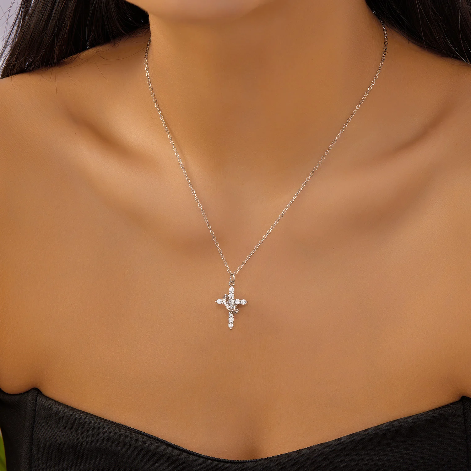 مكعب الزركون تدوير تاج الصليب قلادة القلائد للنساء الكلاسيكية الفولاذ المقاوم للصدأ سلسلة المختنق مجوهرات الحفلات للرجال النساء #2