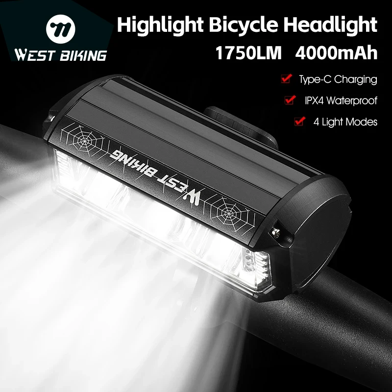 

WEST BIKING 1750 Lumens Bike Light 3LED Wide Angle Headlights Power Display Type-C Rechargable Cycling Quick Release High Beam