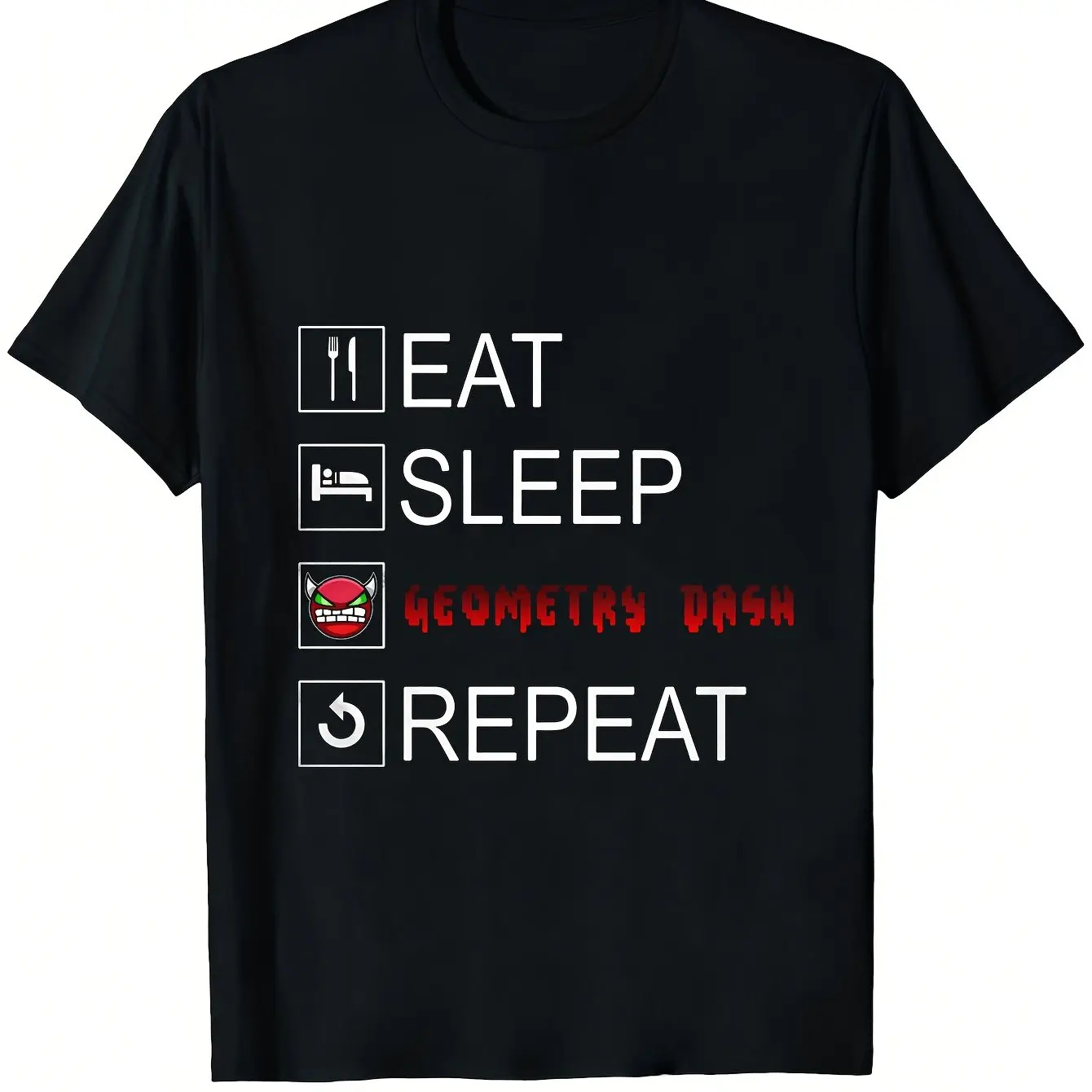 Offizielles Herren-T-Shirt „Geometry Dash“ – Grafik-T-Shirt mit Aufschrift „Eat, Sleep, Geometry Dash, Repeat“ und klassischen Spielfiguren – Detail 3