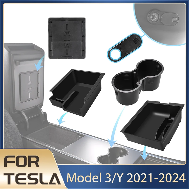 Storage Box for Tesla Model Y 2021-2024 Accessories Center Console Trays for Tesla Model 3 Highland 2024 Hidden Box Webcam Cover