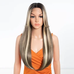 Straight Synthetic Lace Front Wigs For Women 24 inches Wig With Bangs Ombre Brown Blonde Lace Wigs Cosplay Wig