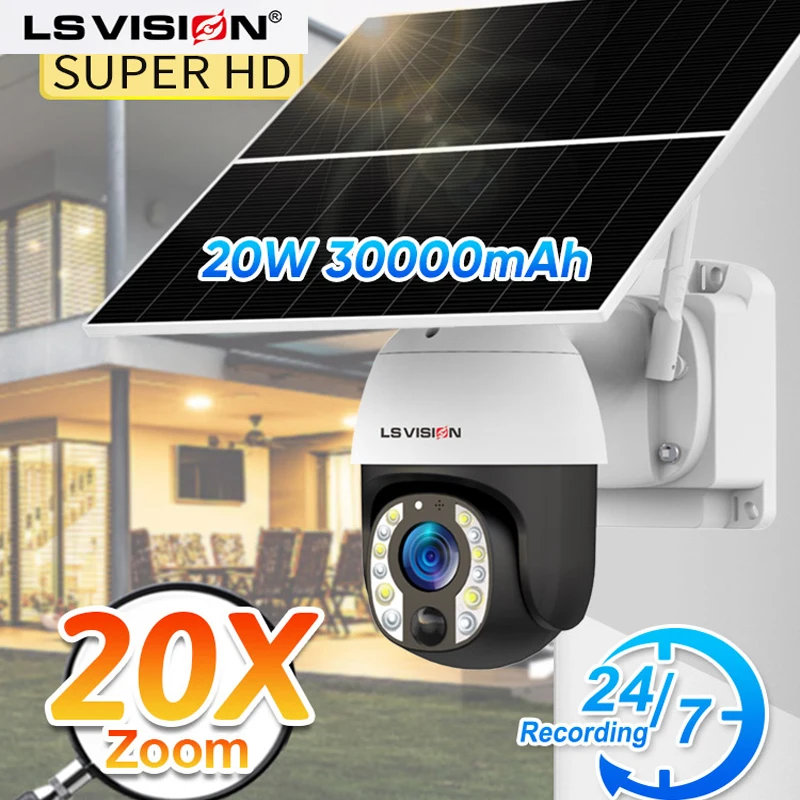 

lS VISION 20W Solar Security Camera 20X Zoom 24/7 Hours Recording 4G/WiFi Auto Tracking 30000mAh Battery Cameras 5mp IP66 Cam