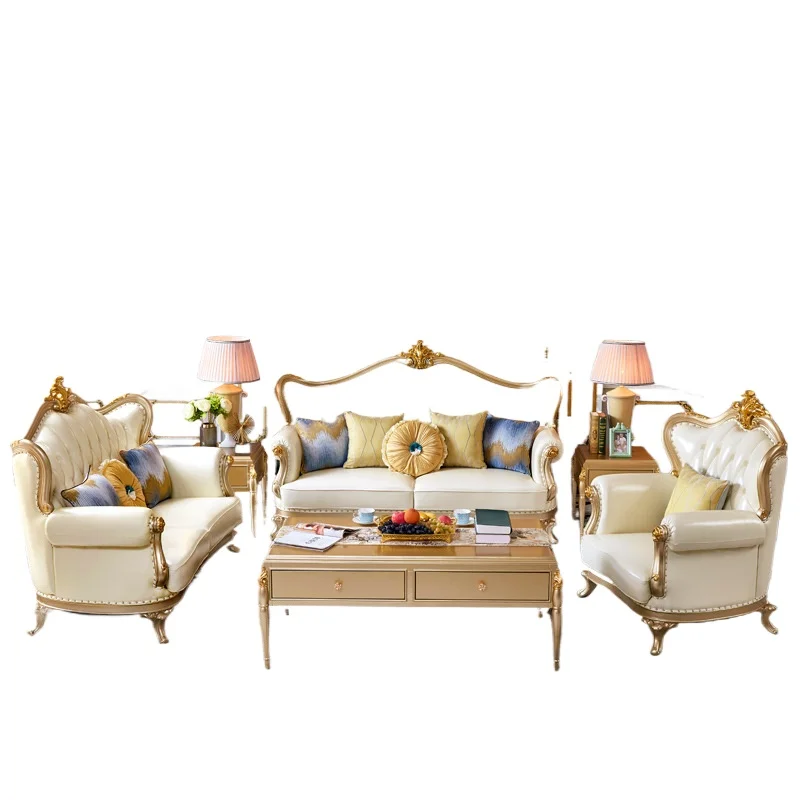 European-style solid wood sofa, villa living room leather American-style simple high-luxury furniture combination