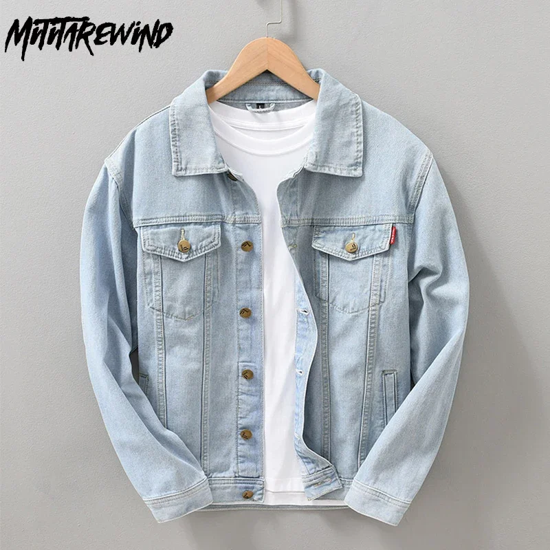 

Spring Fall Denim Jacket Men Japanese Style Workwear Casual Coat Short Jacket of Denim Fabric Youth Retro Light Blue Jean Jacket