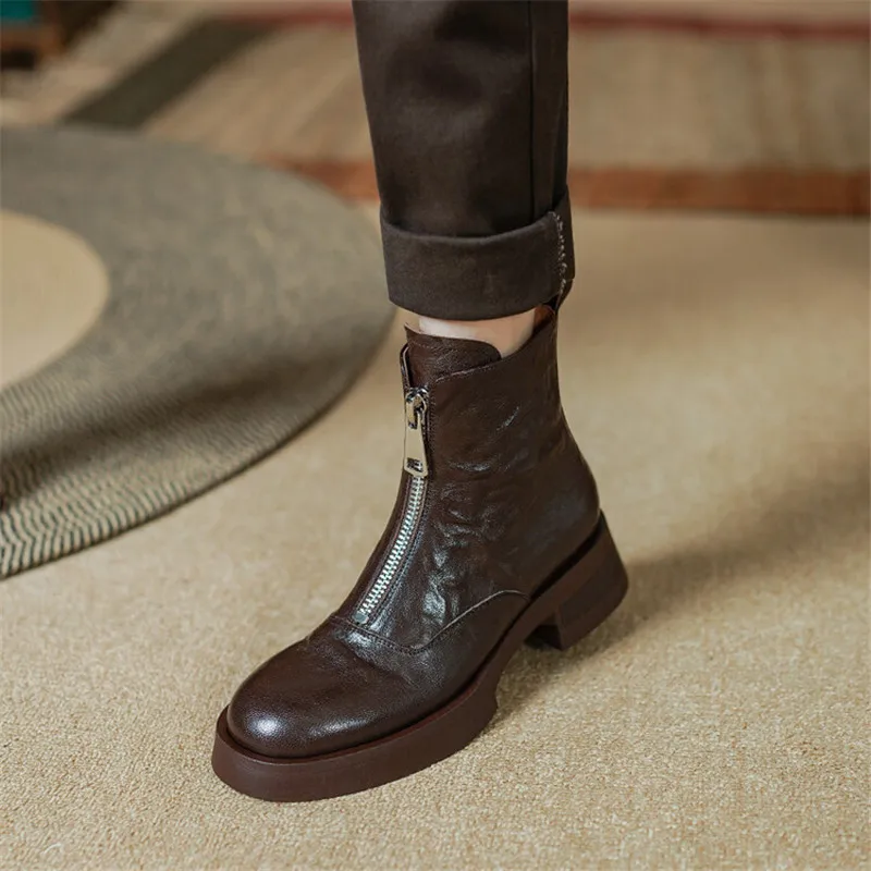 2023 Autumn Genuine Leather Platform Women Boots Round Toe Chunky Heel Boots for Women Winter Fashion Ankle Boots Women Shoes image 3