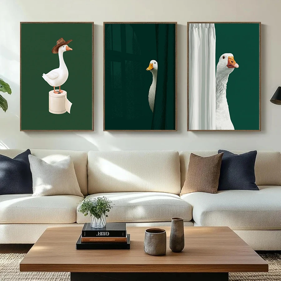 Funny Duck Goose Bathroom Canvas Wall Art Print Humor Poster Dark Green Wall Decor Quirky Home Artwork for Restroom Toilet Decor