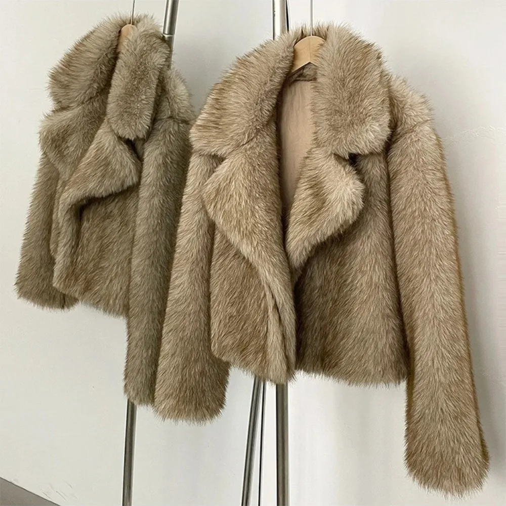 2025 invierno otoño mujer chaqueta de piel sintética abrigo sólido caqui manga larga grueso cálido prendas de vestir abrigo mullido para mujer
